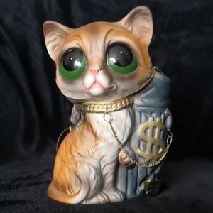 Fantastic Vintage Enesco Ceramic Cat Money Bank Large Sad Eyes, Chain, Stopper